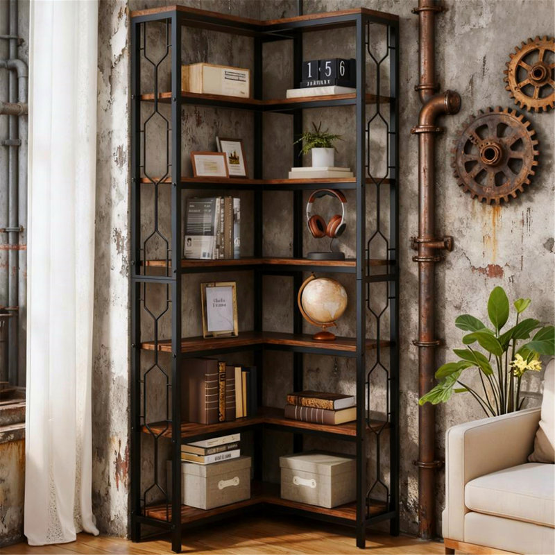 78.7-Inch Tall 7-Tier Industrial Corner Bookshelf with Smart Space-Saving Design and Heavy-Duty Storage Capacity.