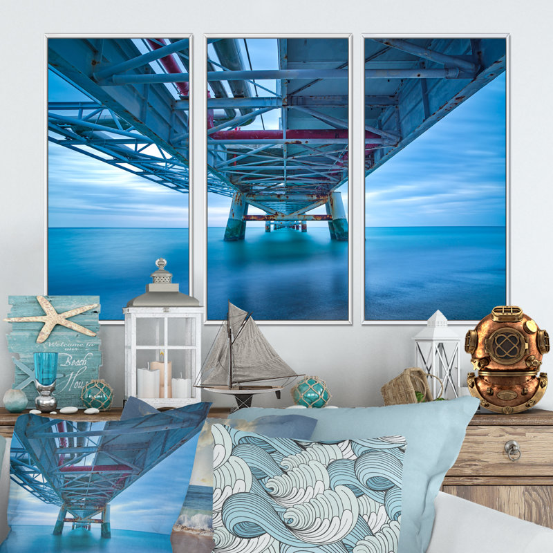 Large Industrial Pier - 3 pièces, cadre flottant, impression sur toile, L 36 po x H 28 po, Cadre blanc