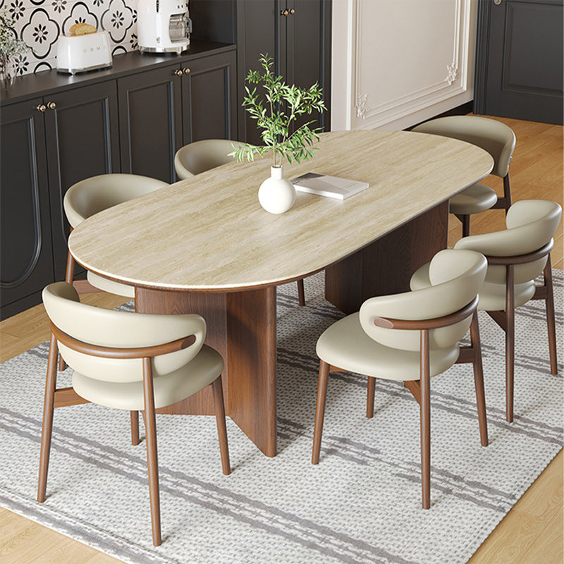 Table de salle à manger beige / brun en pierre frittée ovale + bois massif, H 29,53 po x L 62,99 po x l 31,5 po