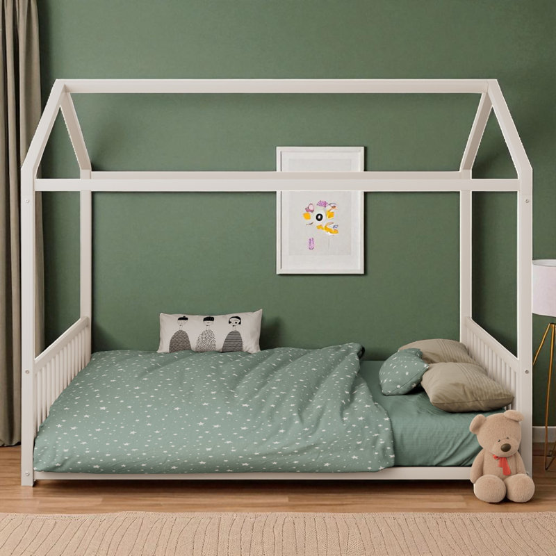 Metal Canopy Bed Floor House Bed, Full, White