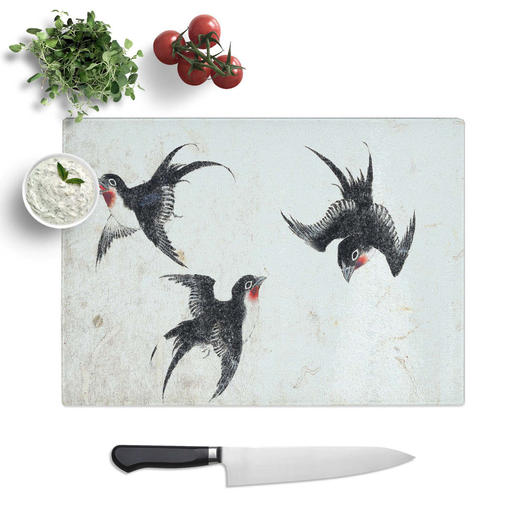 Tempered Glass Three Swallows by Katsushika Hokusai Chopping Board