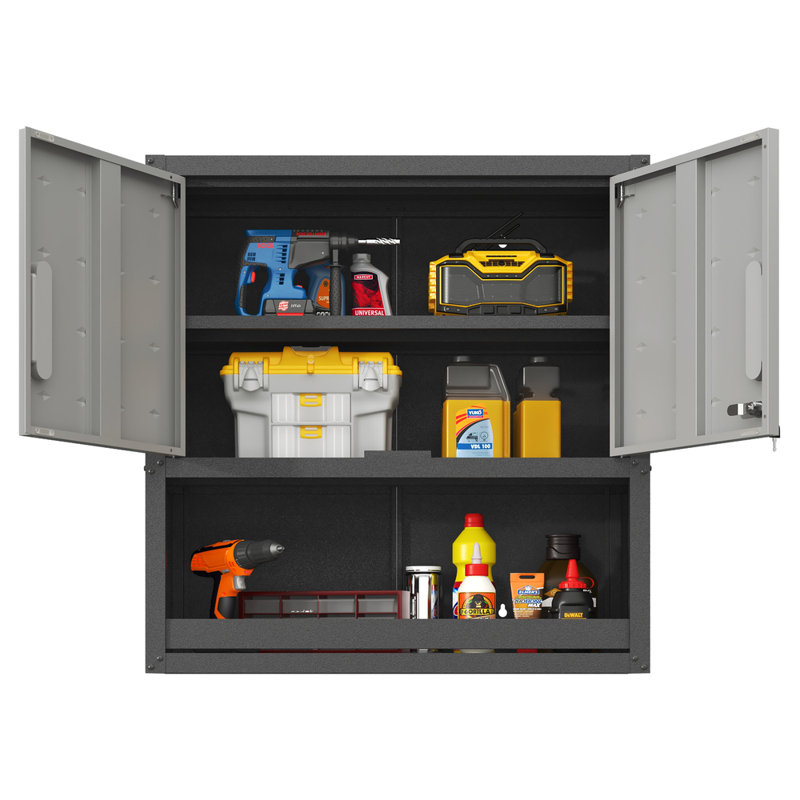 Armoire de rangement murale en métal avec portes verrouillables, tablette réglable et tiroir ouvert pour le garage, l'entrepôt et le bureau, assemblage requis