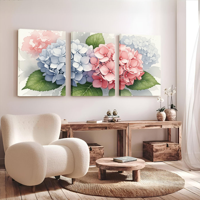 Hydrangea, reproduction d'art sur toile tendue sur toile, ensemble de 3, H 18 po x l 36 po