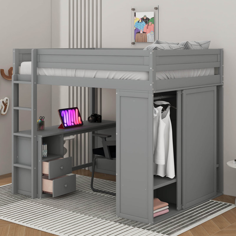 Lit mezzanine en bois avec placards, bureau à 2 tiroirs et armoire, Gris, Lit double