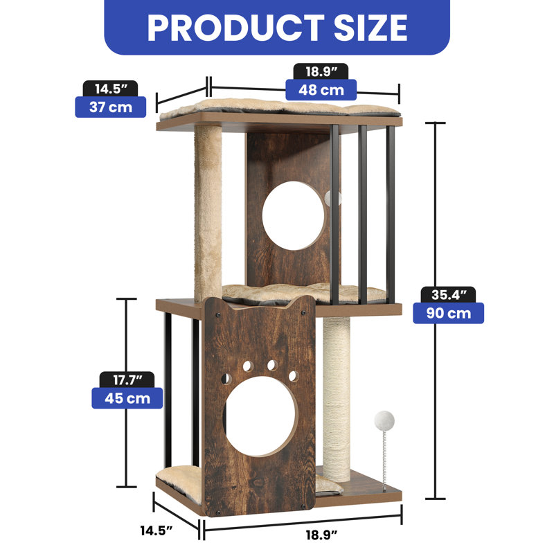 Modern Wood Cat Tree, 35.4" H x 18.9" W x 14.5" D