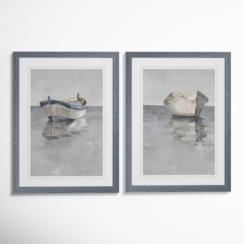 " Boat On The Horizon I " 2 - Pieces, 24" H x 18" W, Framed Print with Mat, Gray