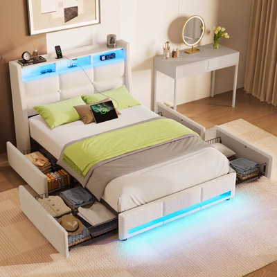 Upholstered Platform Bed Frame with Wingback Headboard, LED Lights & 4 Storage Drawers