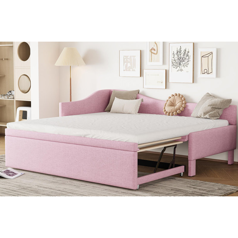 Lit de jour simple tapissier en L rembourré avec couchette escamotable, gris, Rose