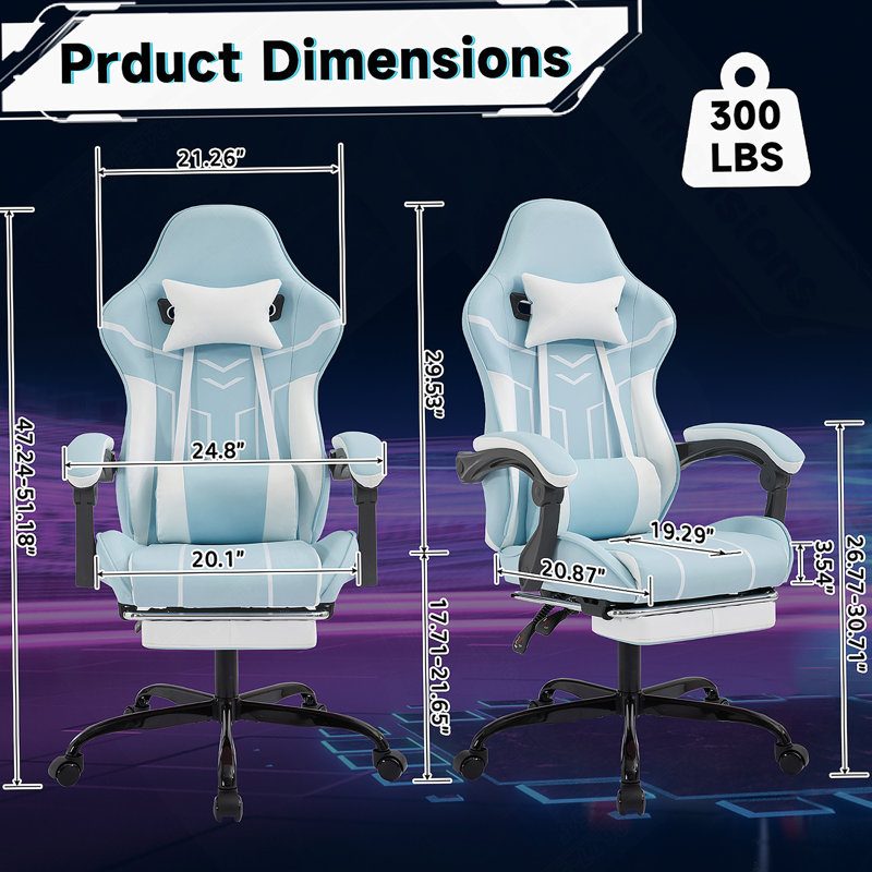 Ergonomic Gaming Chair With Footrest And Lumbar Support, Blue And White, For Comfortable And Adjustable Seating