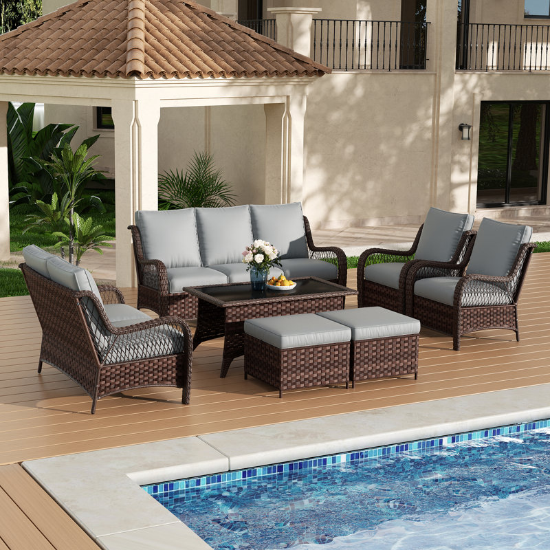 Ensemble de conversation pour patio 7 personnes avec coussins, 7 pièces: canapé, causeuse, 2 chaises, 2 repose-, Gris clair