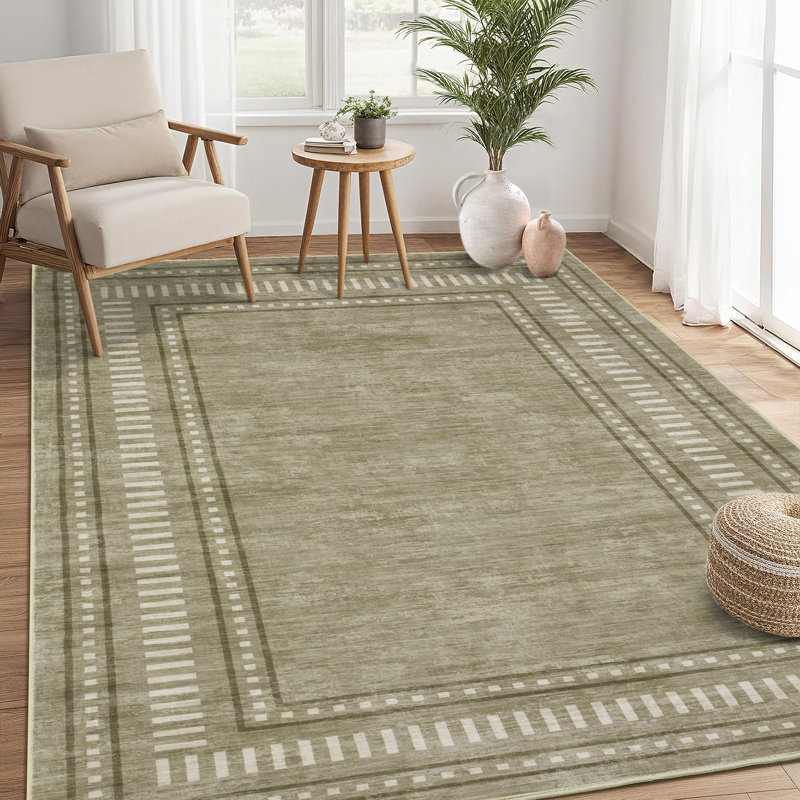 Bordered Machine Washable Area Rug with Non-Slip Backing Non-Slip Living Room Rug Easy-Cleaning Floor Carpet, Green