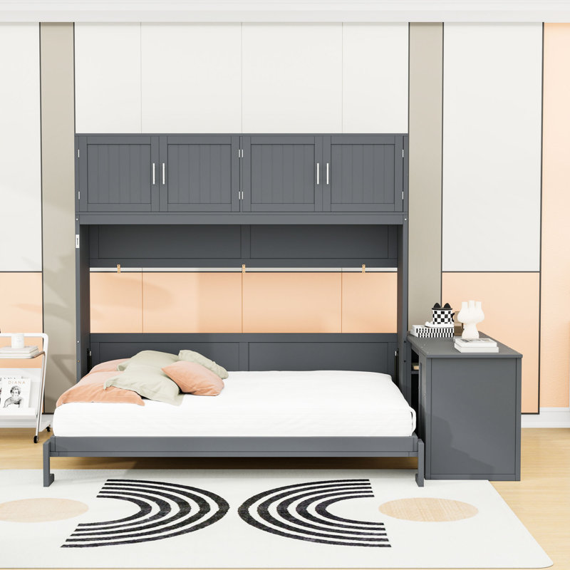 Grand lit escamotable en bois avec bureau intégré et rangement, gris