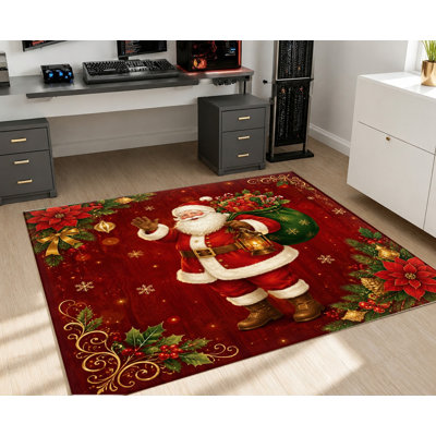 Tapis de Noël lavable à motif Père Noël, motif festif rouge, surface en velours, doux et antidérapant, décoration intérieure moderne pour salon, chambre, entrée, bureau, balcon, appartement