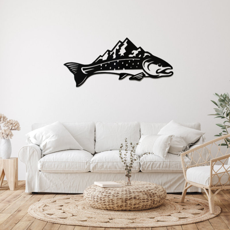 Art mural en métal Trout Mountains Fish, Noir, H 20 po x l 46 po x P 0,12 po