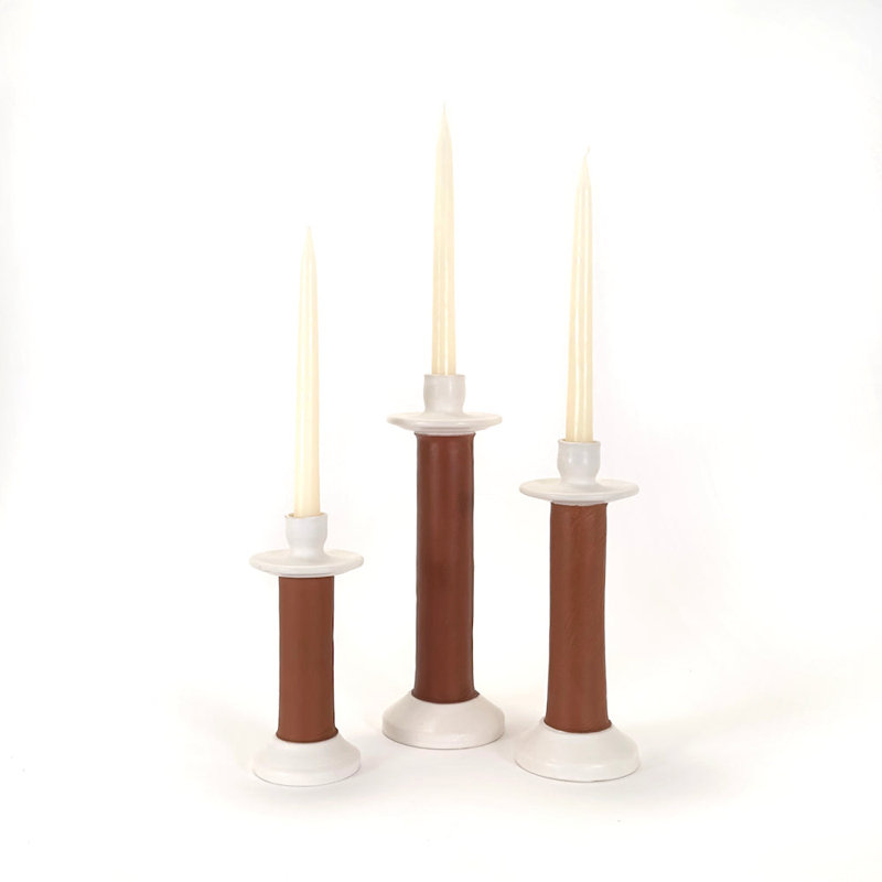 Large Leather Wrapped Candle Holder - terracotta, White, 12" H x 3.5" W x 3.5" D