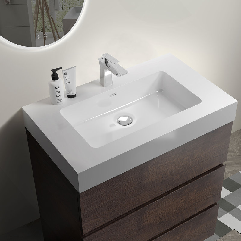 Meuble-lavabo autoportant avec grand lavabo et rangement, Brown, White