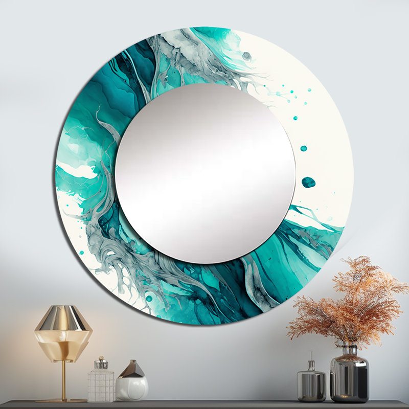 Selmore Turquoise Waves In Paradise VII - grand miroir mural à encre liquide, miroir rond moderne unique, impression d'art en métal