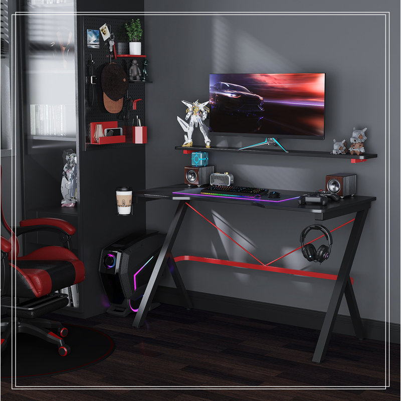 Gaming Desk Racing Computer Desk Workstation with Elevated Monitor Shelf Rotatable Cup Holder