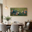 Tableau mural sur toile représentant un paon avec des fleurs bleues et roses sur fond vert-373380170