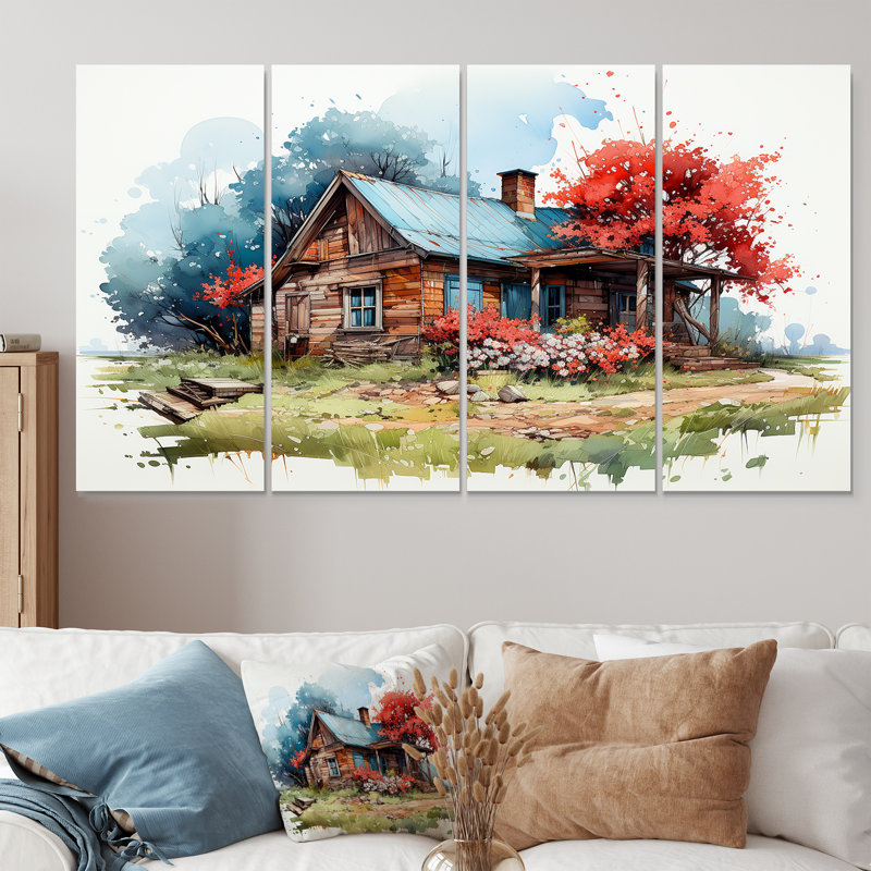 Maison de campagne bleue avec arbre rouge - art mural paysage pour le salon, 4 pièces, H 28 po x l 48 po