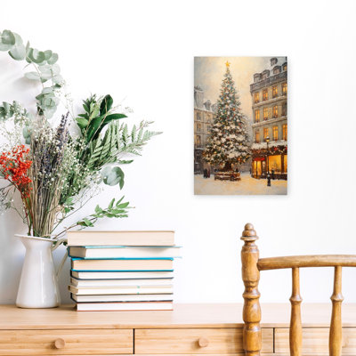 Snowy Paris Christmas Romantic Abstract Contemporary Christmas Tree City Wall Art Print 1 Piece Wrapped Canvas Wall Art