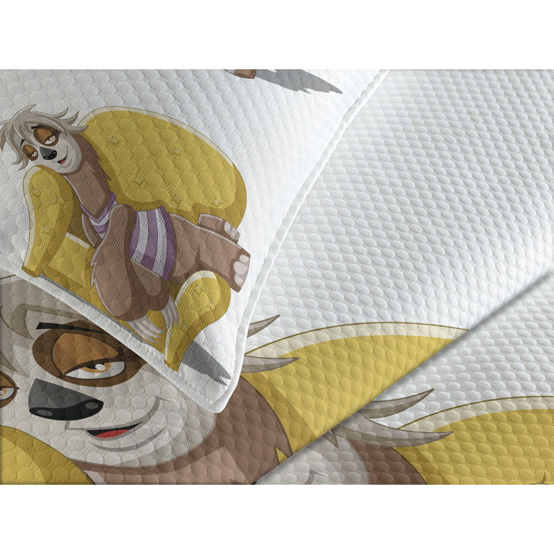 White Quilted Sloth Cartoon Queen Bedspread Set