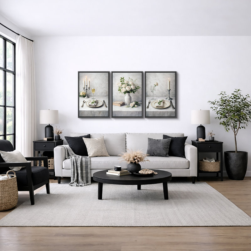 "Elegant White Floral Table Table Still Life", H 24 po x l 48 po x P 1,5 po, Cadre noir