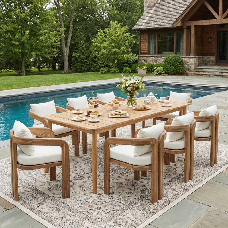 Sierra Modern Organic Acacia Wood Outdoor Dining Set With Cushioned Armchairs And Rectangular Slat Table
