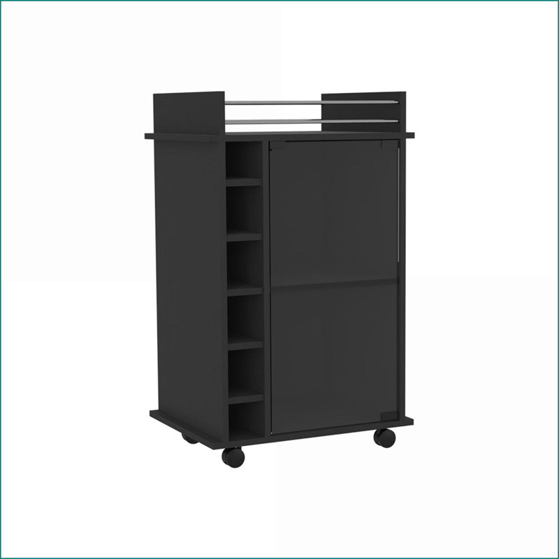 Chariot-bar avec porte vitrée, roulettes verrouillables et amp; Deux tablettes | Noir | Panneau de particules, Noir