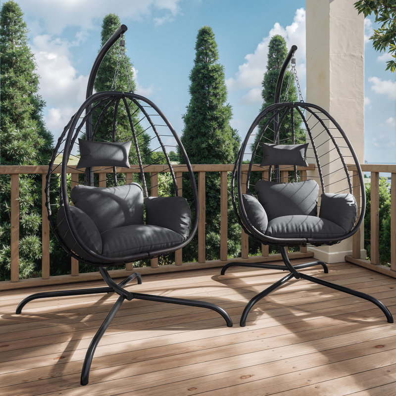 Ensemble de 2 chaises à œufs suspendues en rotin tissé avec structure en acier thermolaqué, Gris
