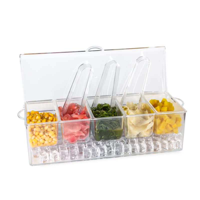 Chilled Condiment Server|Taco Bar Serving Set For Party|Chilled Condiment Tray With Lid And 5 Removable Compartments