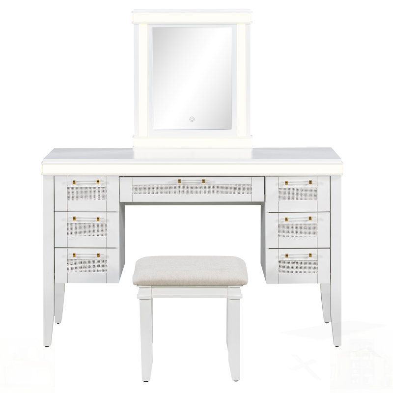 Vanity Desk With Mirror, Lights, And 7 Drawers, Classic Finish Dressing Table For Bedroom, Includes Cushioned Stool, Hollow Design, Rubber Wood Legs