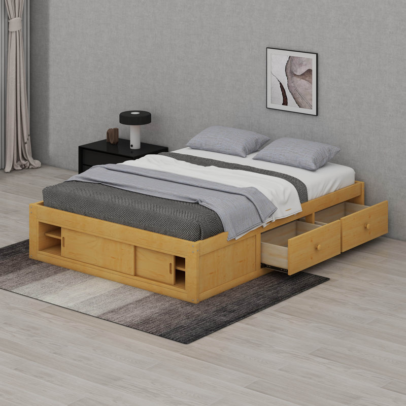 Queen Size Platform Bed Frame With 4 Under-Bed Drawers & Footboard Storage Cubby, Headboard-Free Modern Design, Natural
