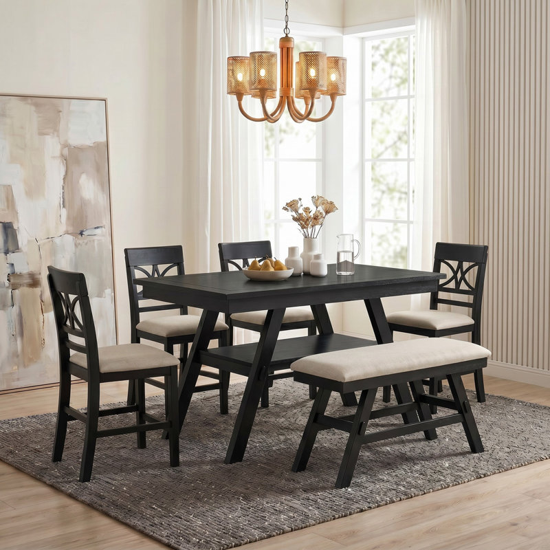 Ensemble de table de salle à manger 6 pièces à hauteur de comptoir avec tablette de rangement, ensemble de table de cuisine avec banc et 4 chaises, style rustique