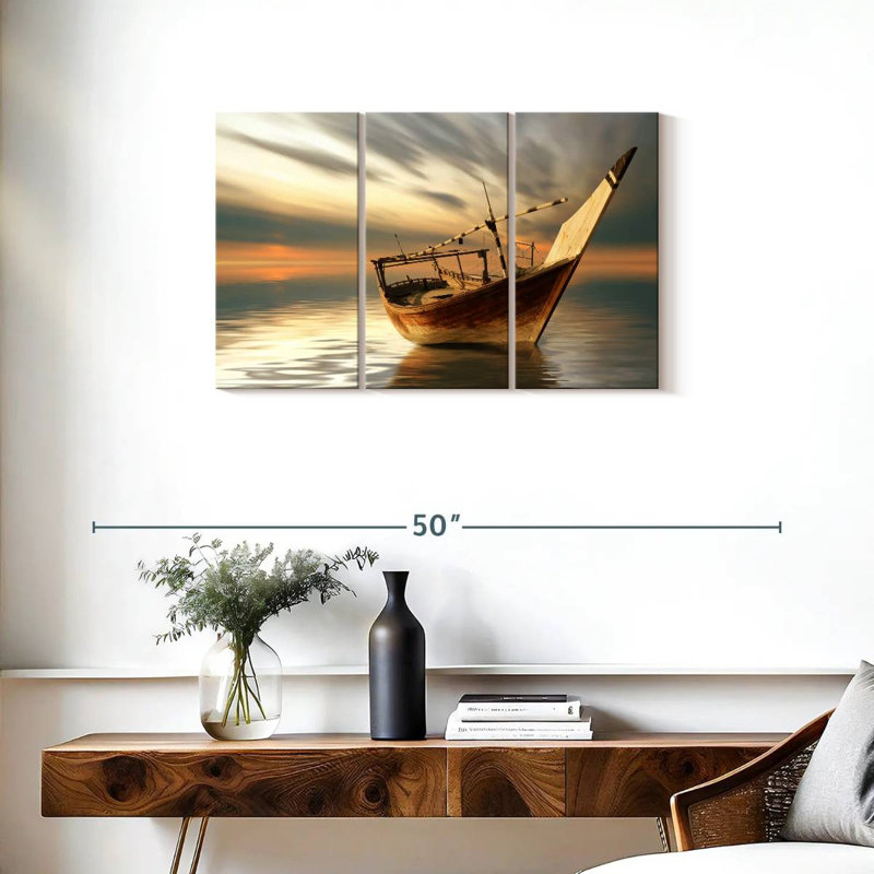 Bateau Mehar au coucher du soleil, H 20 po x l 33 po