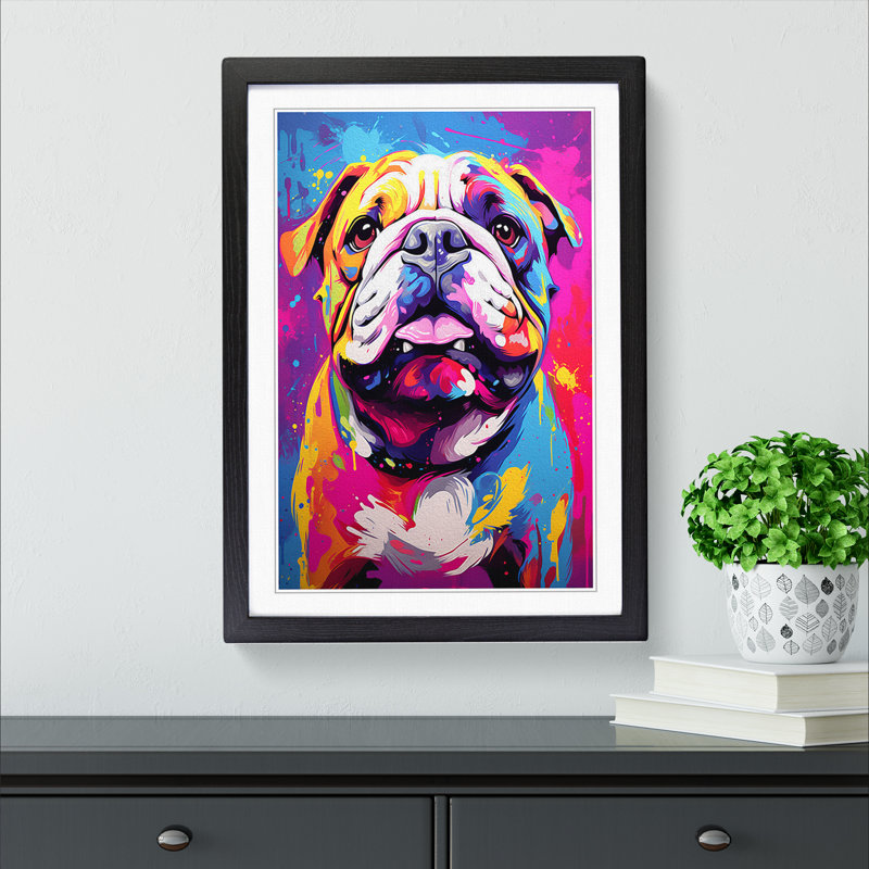 British Bulldog Pop Art - Framed Print, 64cm H x 46cm W x 2cm D, Black Framed