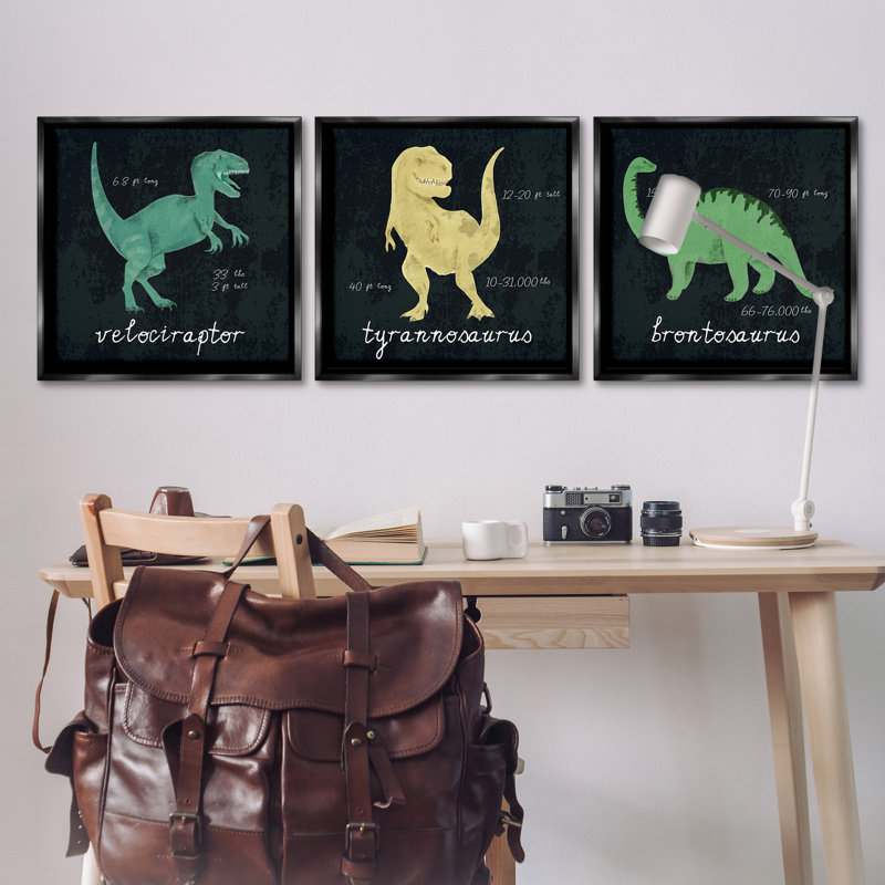 «Dinosaur Facts Chalk Inspired Design», ensemble de 3 toiles flottantes encadrées par Daphne Polselli, H 25 po x l 25 po