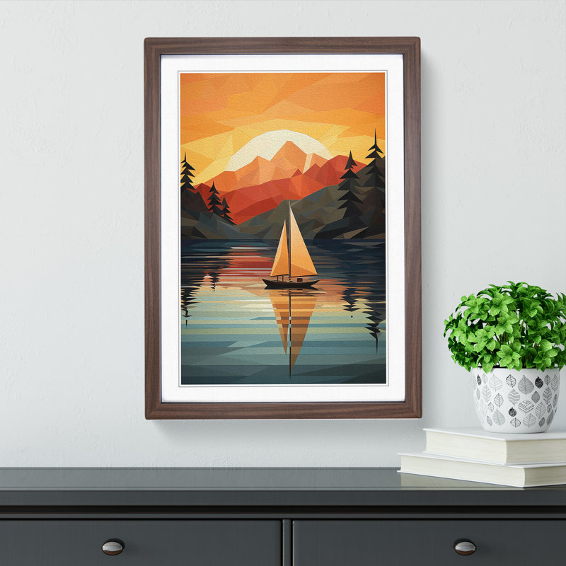 Boat on a Lake Geometric Art - Framed Print, 64cm H x 46cm W x 2cm D, Walnut
