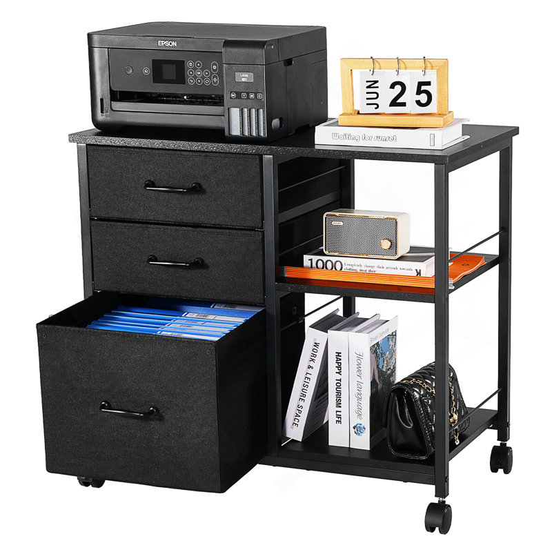 Classeur mobile en métal avec 3 tiroirs en tissu et 2 tablettes ouvertes, Noir