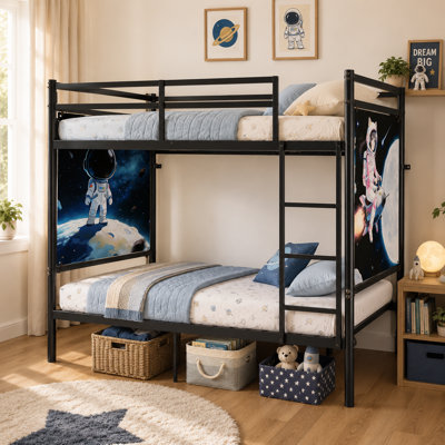 Lit superposé noir de 77,6 x 64,3 x 41,2 pouces avec lits simples, échelle et garde-corps; Comprend 2 affiches imprimées; capacité de poids élevée (plus de 400 lb); espace de rangement sous le lit.
