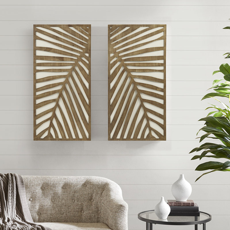 Birch Palms Two-tone Wall Decor, Of 2 Pieces Contrast Wood Panel Art With Leaf