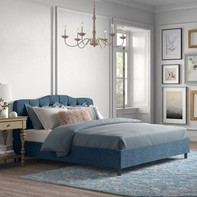 Pires Upholstered Platform Bed, King, Zuma Navy Textured Linen