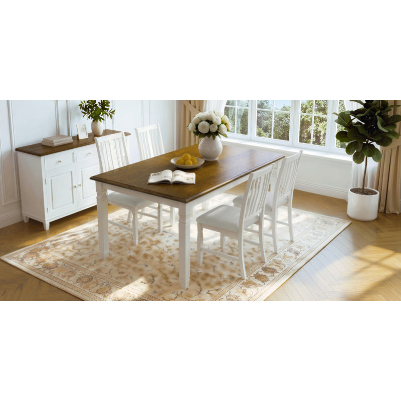 Ensemble de table de salle à manger extensible 5 pièces pour 4 personnes, table de placage en chêne de style campagnard et 4 chaises à dossier en lattes rembourrées, ensemble de salle à manger à structure compacte en bois d'hévéa massif