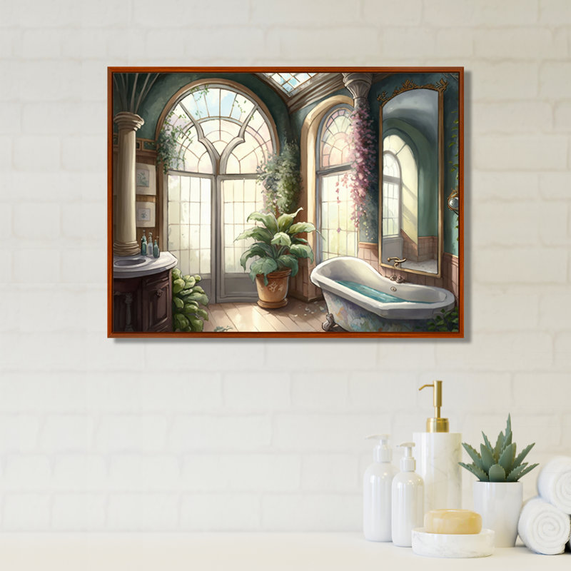 Victorian Bathroom I - Art mural de salle de bain, 30" H x 40" W, Natural Floater Framed