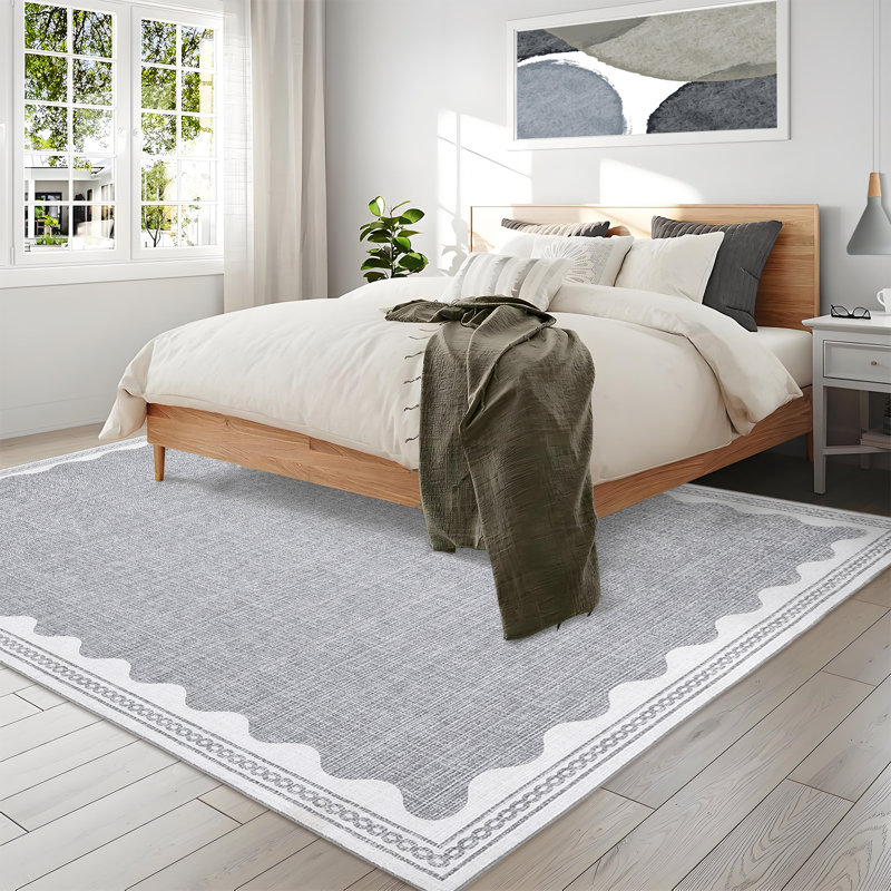Scalloped Machine Washable Rug Modern Solid Floor Mats with Non-Slip Backing, Stain-Resistant Low Pile Accent Rug, Contemporary Indoor Carpet for Living Room, Bedroom, Office