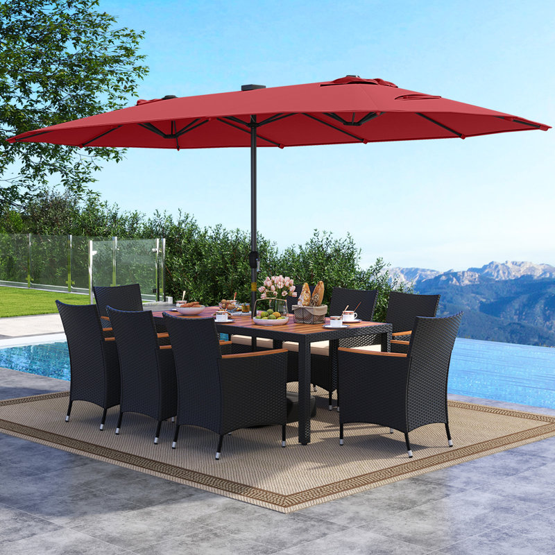 Ensemble de 11 ensembles de salle à manger de patio avec parasol à double face de 15 pieds (base incluse) vin, Beige