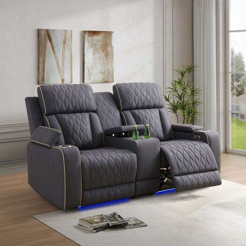 Boyigton 71.5“Dual Power Breathable Leather Reclining Loveseat With Reading Light,and Storage Armrest, Gray