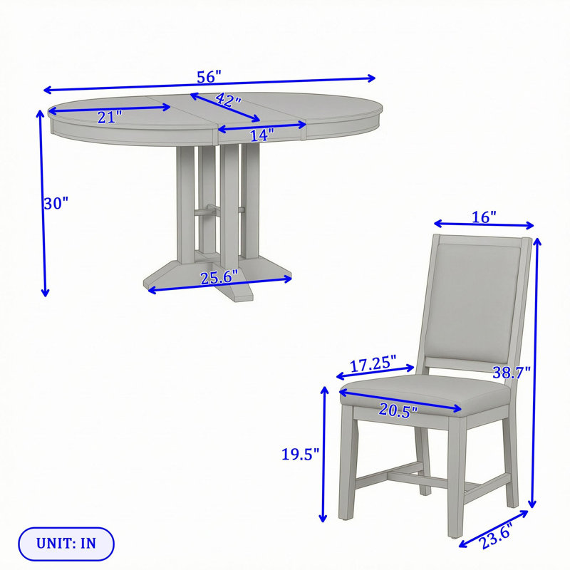 Ensemble de salle à manger rond extensible cinq pièces avec quatre chaises rembourrées, Bois naturel délavé