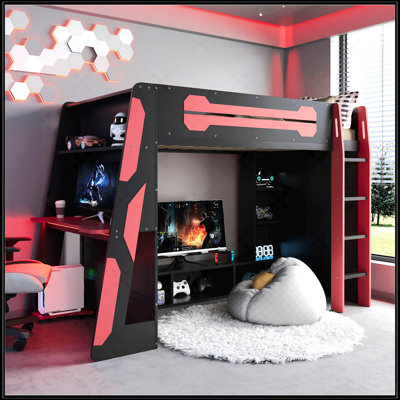 Lit mezzanine simple en bois avec bureau, tablettes multiples et éclairage RVB pour les amateurs de sport