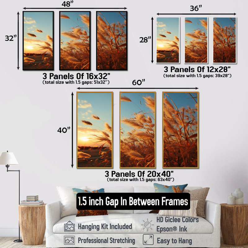 Golden Grass Field At Surise - ensemble d'art mural paysage, Cadre naturel flottant, H 40 po x l 60 po x P 1 po